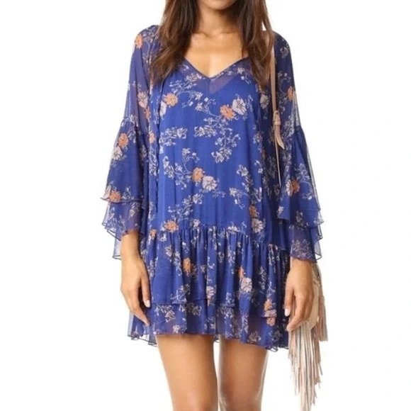 Free People Dresses & Skirts - Free People Ruffled Sheer Mini Dress Blue Orange Floral Print L Large